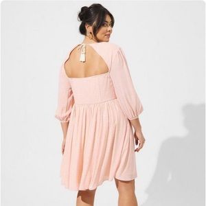 Pristine coral pink Mini Wash Gauze Open Back Skater Dress bluson sleeve Torrid